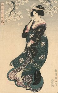 Gorgeous Japanese Art Postcard Woman in Dark Green Kimono, Hand-Colored UDB