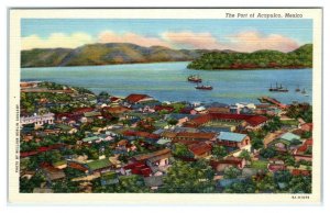ACAPULCO, Mexico ~ Birdseye View of PORT & CITY c1950s Linen Postcard