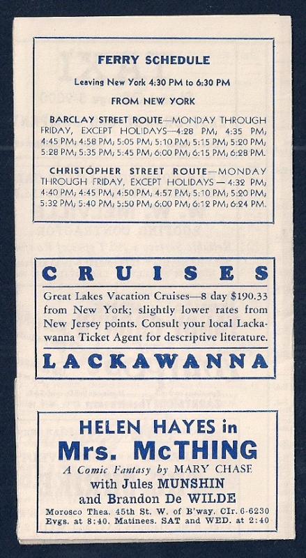 LACKAWANNA Railroad Timetable Newark NJ to Grove St NY c1952