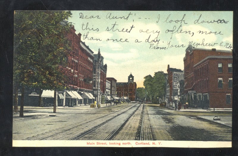 CORTLAND NEW YORK DOWNTOWN MAIN STREET SCENE LOOKING SOUTH VINTAGE POSTCARD