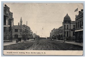 1913 Devils Lake ND Postcard Fourth Street Scene Store Fronts People