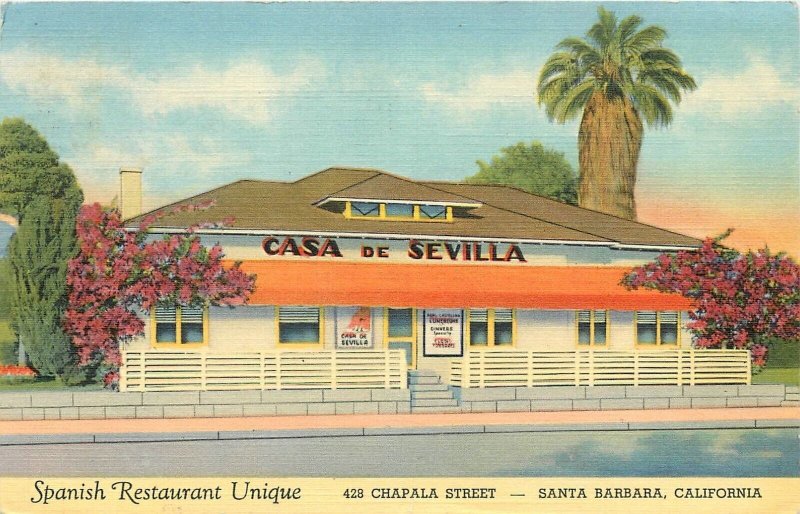 Postcard 1960s California Santa Barbara Casa De Sevilla restaurant CA24-3104