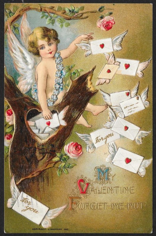 My Valentine Cupid Lots Of Letters & Tree Trunk Used c1910s