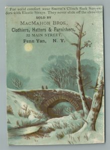 PENN YAN NY BACK SUSPENDERS MacMAHON Bros. ADVERTISING ANTIQUE TRADE CARD