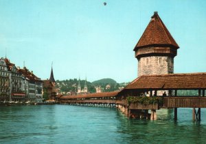 Vintage Postcard Chapel Bridge & Water Tower Kapellbrucke Lucerne Switzerland CH
