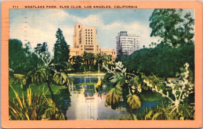 USA Westlake Park Elks Club Los Angeles California Linen Postcard 09.46
