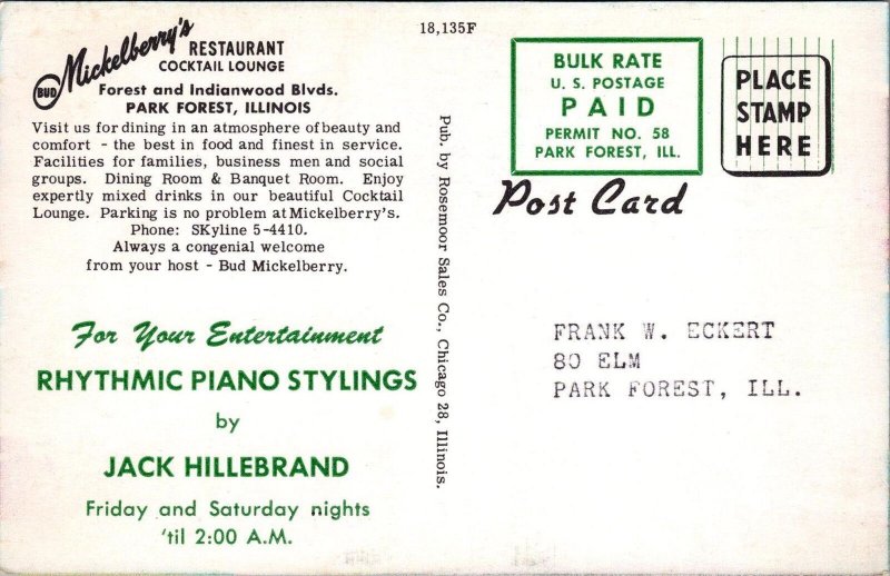 Postcard Mickelberry's Restaurant Cocktail Lounge Park Forest IL