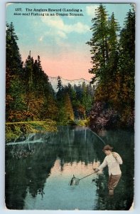1913 The Anglers Reward Landing A Nice One Fishing In An Oregon Stream Postcard