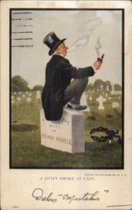 Henpecked Husband Enjoying Pipe on Wife's Grave - Bernhardt Wall Postcard