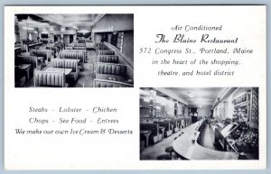 1930's PORTLAND ME BLAINE RESTAURANT INTERIOR BOOTHS LOBSTER ICE CREAM POSTCARD