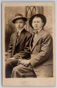 RPPC Two Charming Dapper Young Men Hats Bow Tie Studio Photo Postcard N25