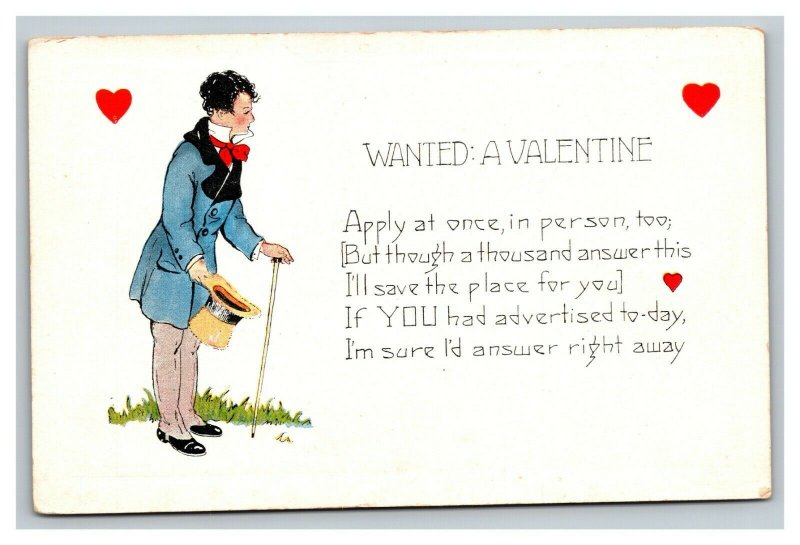 Vintage 1910's Whitney Valentines Postcard - Well Dressed Man Hat in Hand Hearts
