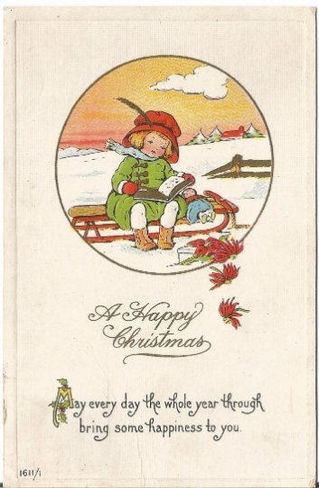 Christmas Greetings Postcard, Little Girl with Doll on Old Fashioned Toboggan