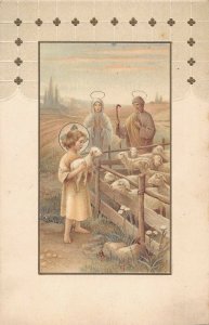 Jesus Mary Joseph with lambs c1916 Christmas postcard ac106
