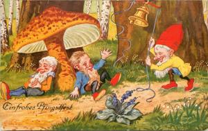 c1907 Fantasy Postcard Gnome Wakes his Friends Asleep under Mushroom with a Bell