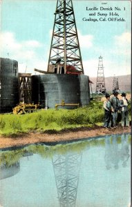 Postcard Lucille Derrick No. 1 and Sump Hole in Coalinga, California Oil Fields