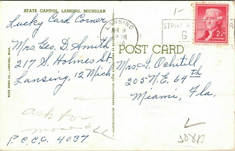 Capitolio del estado de Michigan Lansing Michigan Postal cancelar PM WOB Nota Curteich Vintage 