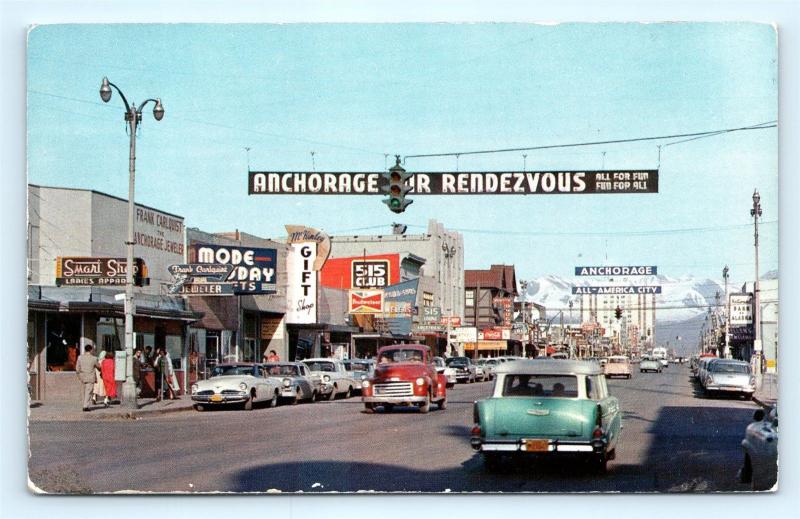 Postcard AK Anchorage Vintage 1950's Street View Cars Store Fur Rendezvous R60