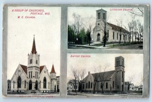 c1910's Group Of Churches ME Lutheran Baptist Church Portage Wisconsin Postcard