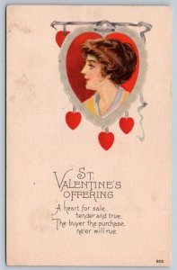 St Valentine's Offering, Lady Portrait In A Heart Pendant, Vintage Postcard