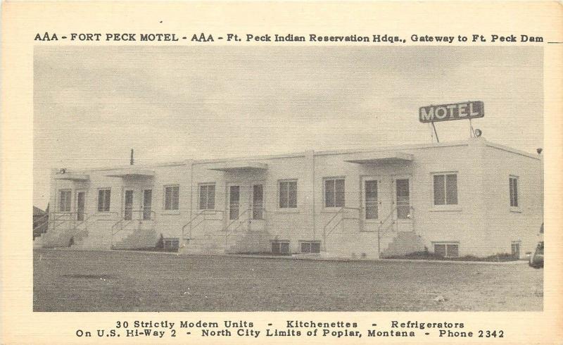 Vintage Postcard; AAA Fort Peck Motel, Indian Reservation HQ Poplar MT Roosevelt 