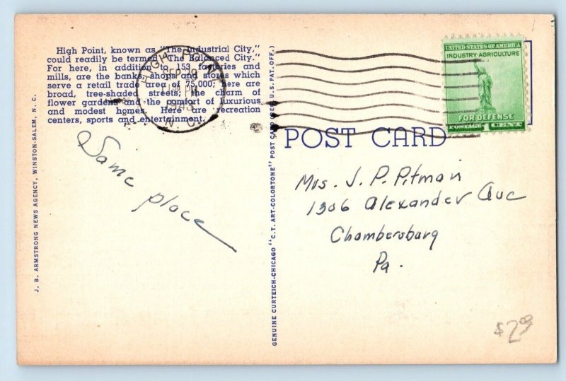 High Point North Carolina NC Postcard United States Post Office Building 1943