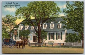 Williamsburg Virginia~Raleigh Tavern & Colonial Stagecoach~Vtg Linen Postcard