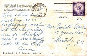 Lincoln Statue Memorial Daniel Chester French Postcard PM Cancel WOB Note VTG 3c 