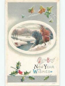 Pre-Linen new year WINTER FOREST SCENE AND HOLLY k5321