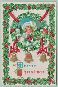 Christmas~Girl In Mistletoe Wreath Portal~Blue Coat~Plume On Hat~Gold Bells~Emb