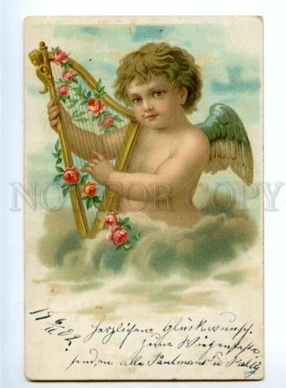 169605 Cute Winged ANGEL w/ HARP vintage POST 1902 PC