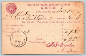 Port Huron MI~Knights Maccabees~Supreme Record Keeper~AS Bynton~KOTM~1895 Postal 