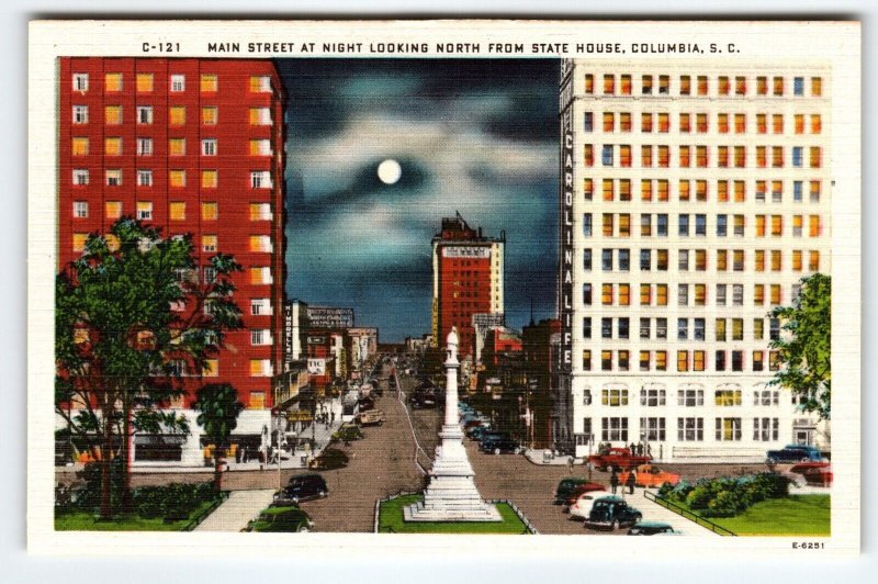 Main Street At Night Old Cars Moon Columbia South Carolina Linen Postcard Unused