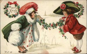 B.E.B. Christmas Courtly Boy and Girl Dress Up Grown Up Clothes c1910 Postcard