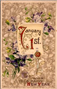 Winsch New Year Postcard January 1st To Wish You A Happy New Year Flowers Bells