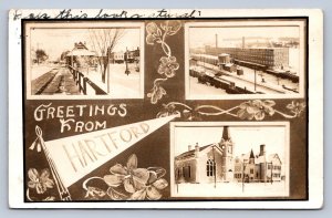 J90/ Hartford Wisconsin RPPC Postcard c1910 Railroad Depot Pennant 3View  340