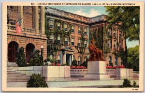 Madison Wisconsin WI, Lincoln Monument at Entrance to Bascom Hall, Postcard