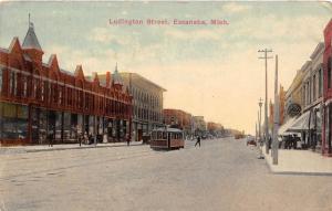 C21/ Escanaba Michigan Mi Postcard 1914 Ludington Street Trolley Stores
