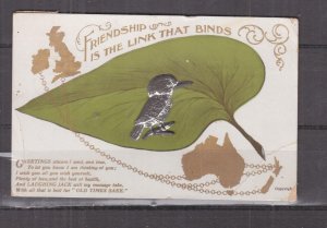 AUSTRALIA, METAL KOOKABURRA ON LEAF, c1913 ppc., unused.