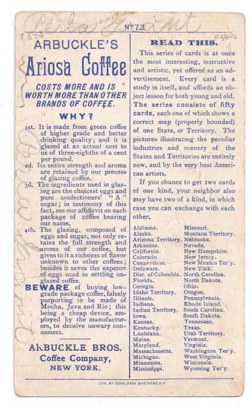 Arbuckle Coffee Trade Card 1889 Tennessee State Map #73 