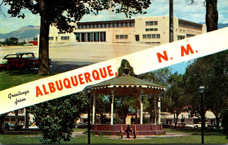 New Mexico Albuquerque Greetings Showing Old Town Plaza & Band Stand and John...