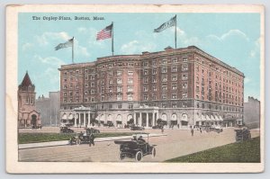 The Copley-Plaza~US Flags~Busy Street View In Front~Corner Bldg~Boston MA~Vtg PC