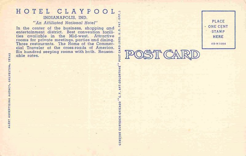 Hotel Claypool Indianapolis Indiana linen postcard