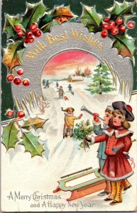 Vintage Christmas Postcard Children with Sleds and Trumpet (Antique) Unposted