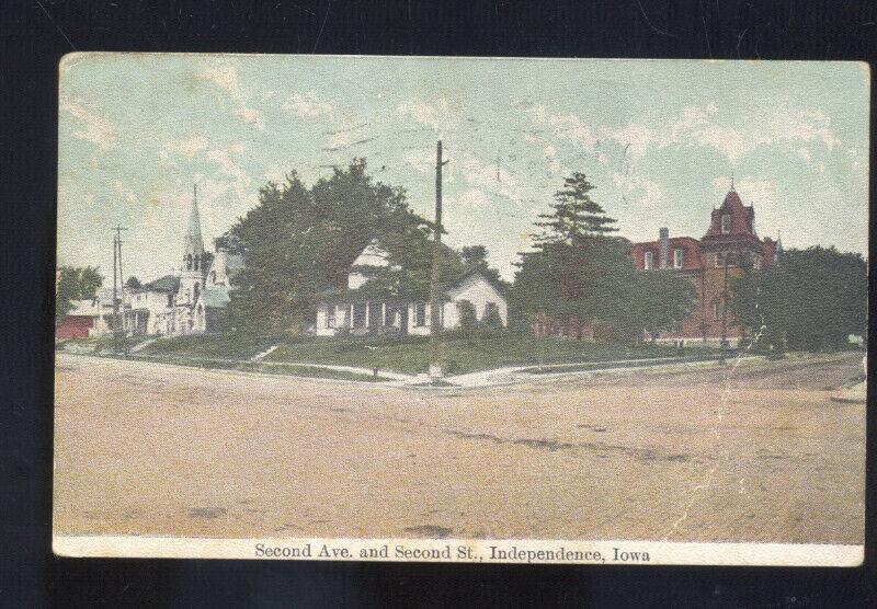 INDEPENDENCE IOWA SECOND AVENUE STREET SCENE CHURCH 1910 POSTCARD FAIRBANK