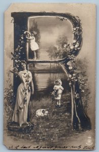 c1905 Large Letter R Wooden Alphabet Mother And Children RPPC Photo Postcard