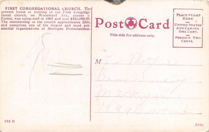 Detroit Michigan~First Congregational Church~Info on Postcard Back~c1910