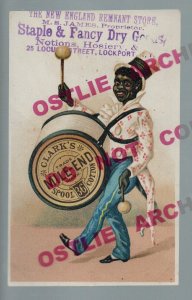 Lockport NY 1890 ADVERTISING Trade Card BLACK MAN DRUMMER Clarks Thread DRUM