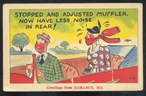 GREETINGS FROM ROMANCE MISSOURI MUFFLER ON WIFE DRIVING COMIC POSTCARD