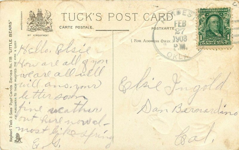 Embossed Tuck Little Bears Postcard 118 Playing Tennis, One in the Eye Posted
